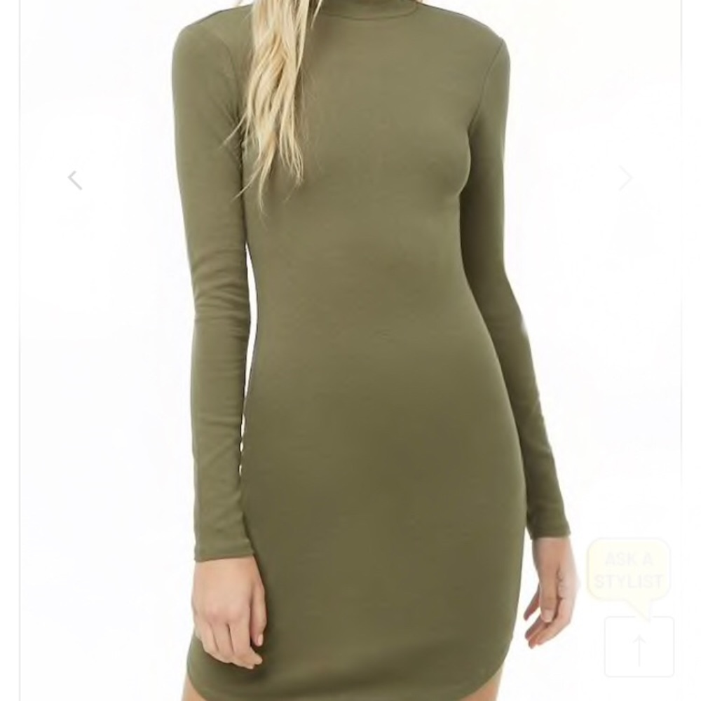 Olive Green Mock Neck Ribbed Bodycon Dress
